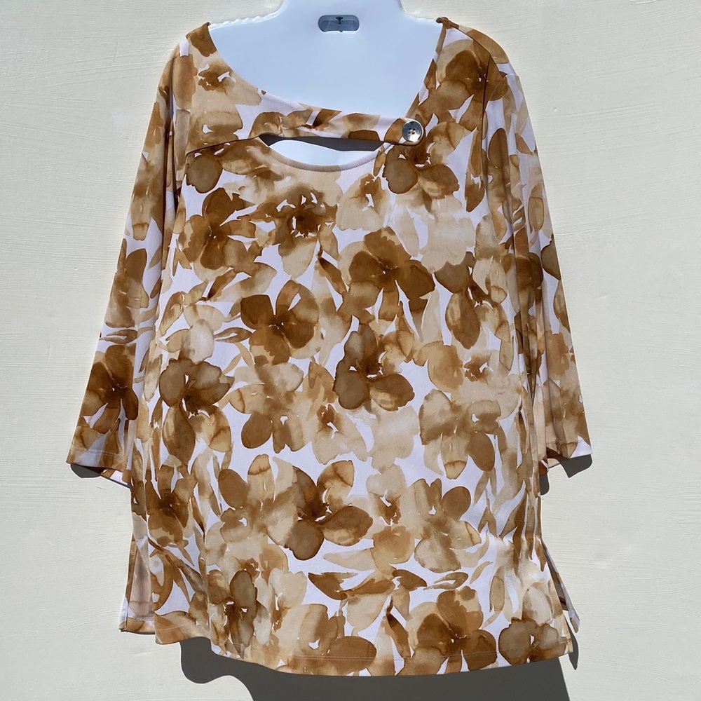 Susan Graver White and Brown Floral Cutout Tunic Size US 1XP